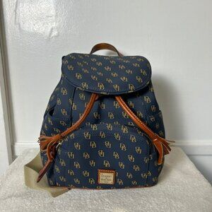 Dooney & Bourke Signature Monogram Navy Tan Bucket Drawstring Backpack Luxury